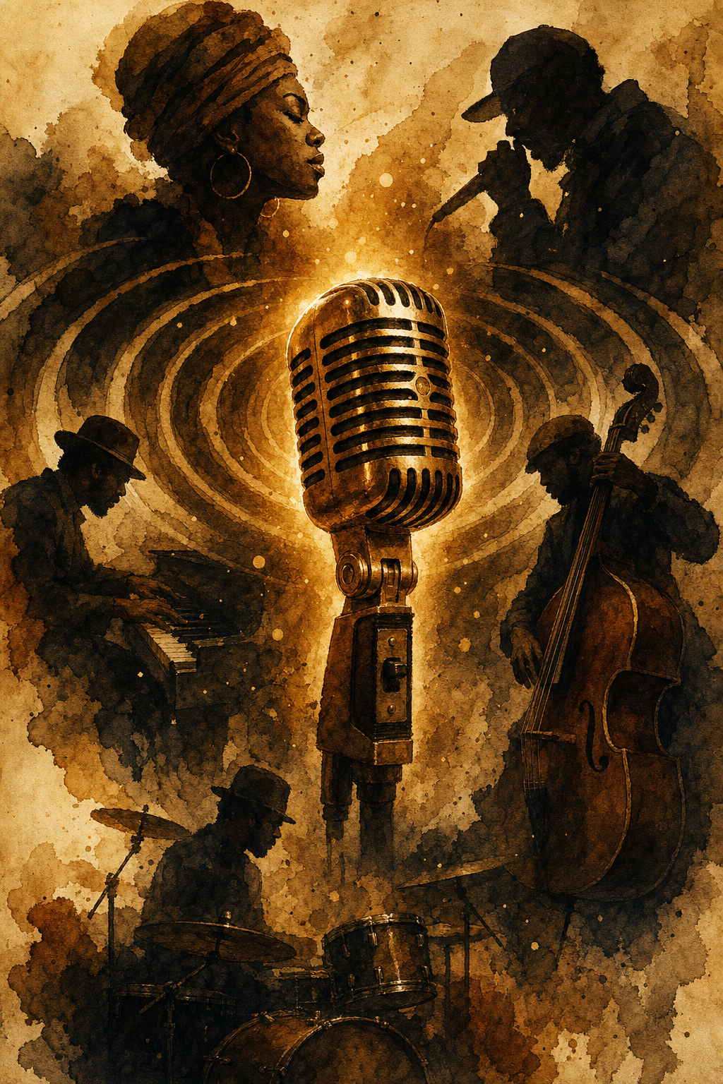 A glowing vintage microphone surrounded by musicians, watercolor and ink