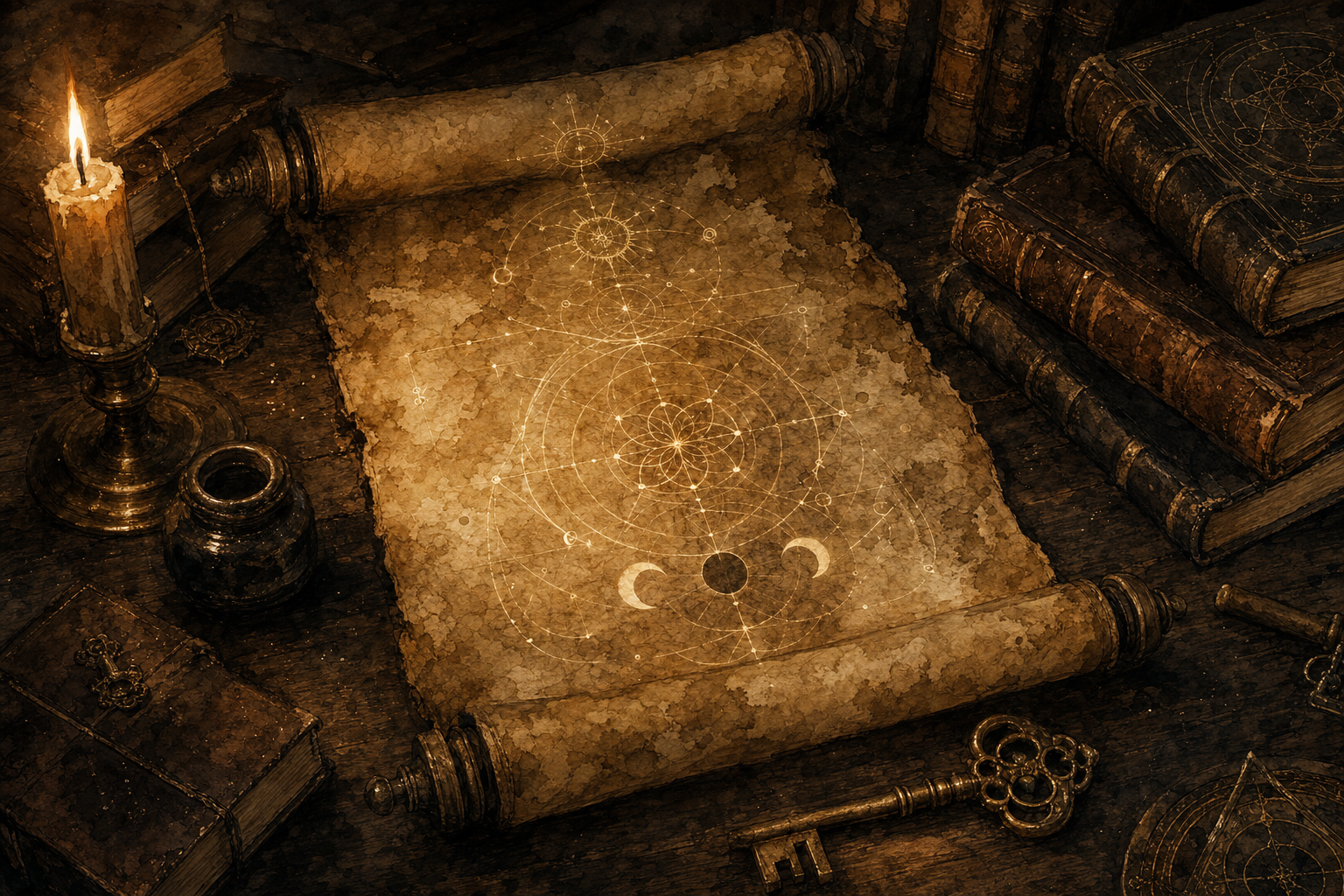 An ancient unfurled scroll glowing with sacred symbols on a candlelit table