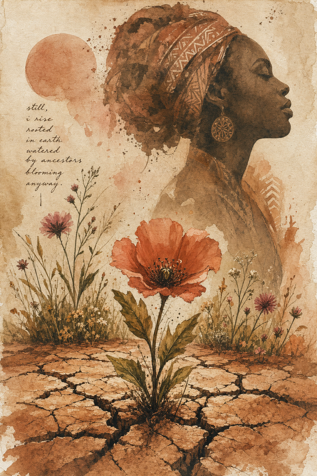 A bold flower rising through cracked earth beside a dignified silhouette