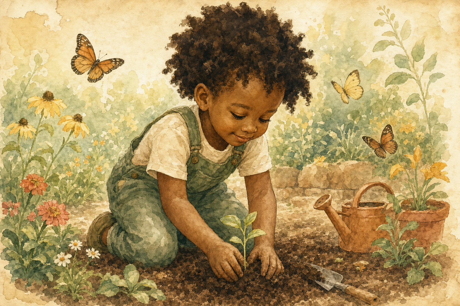 A child planting a seedling in a sunlit garden, watercolor illustration